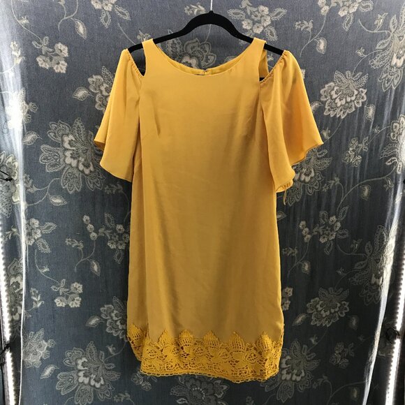 Adrianna Papell mustard yellow cold shoulder shift dress size 2 - Picture 1 of 6